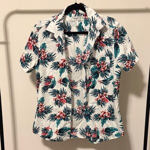 Forever 21 Floral Casual Button Down Shirt - White, Green, Red